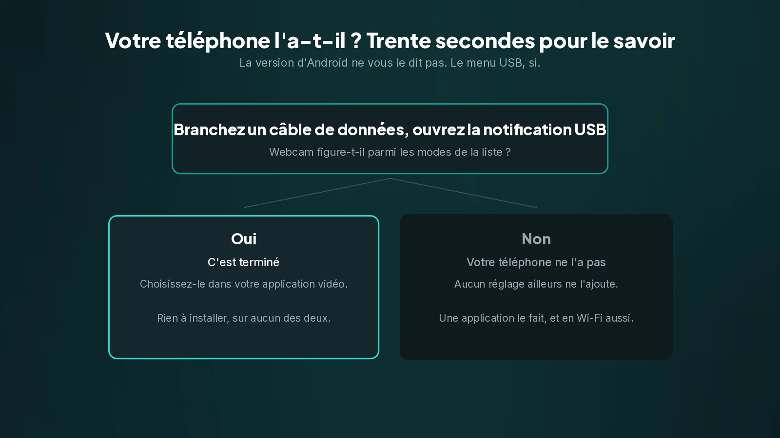 La version d'Android ne vous dit pas si la fonction est là. Le menu USB, si. Un schéma de décision : si Webcam figure dans le menu USB de votre téléphone c'est terminé, sinon il vous faut une application