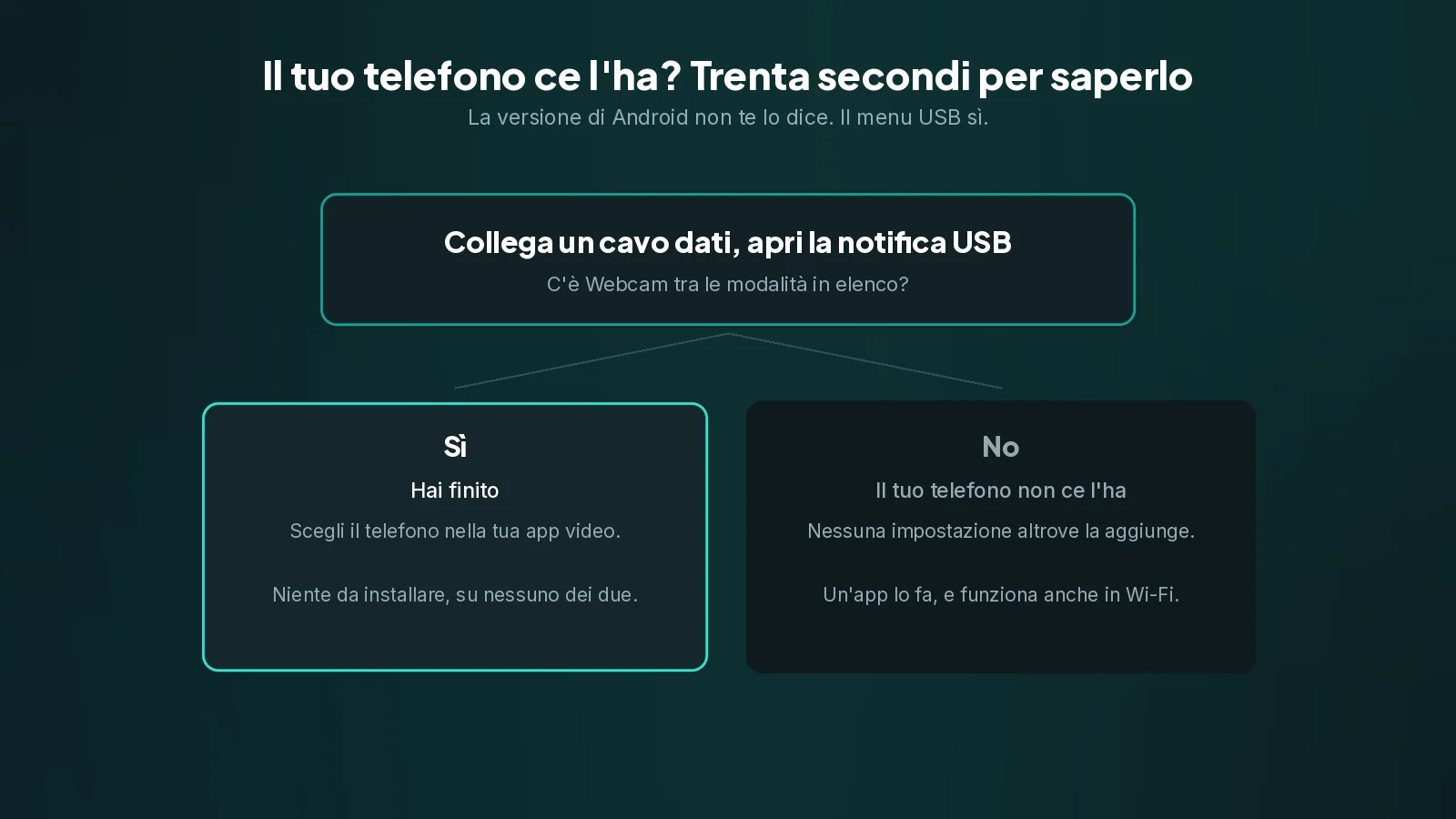 La versione di Android non ti dice se la funzione c'è. Il menu USB sì. Uno schema decisionale: se Webcam c'è nel menu USB del telefono hai finito, altrimenti ti serve un'app