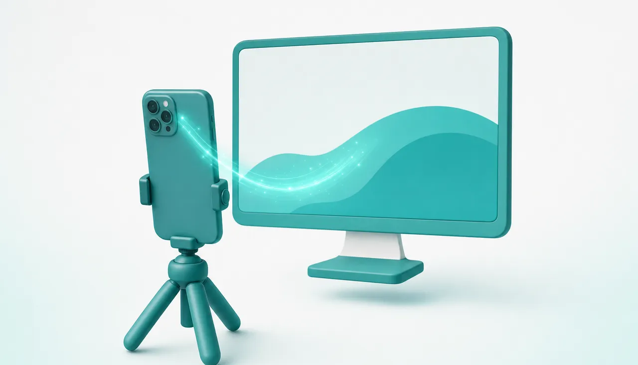 Un iPhone sur un support à côté d'un PC Windows qui affiche son image comme webcam