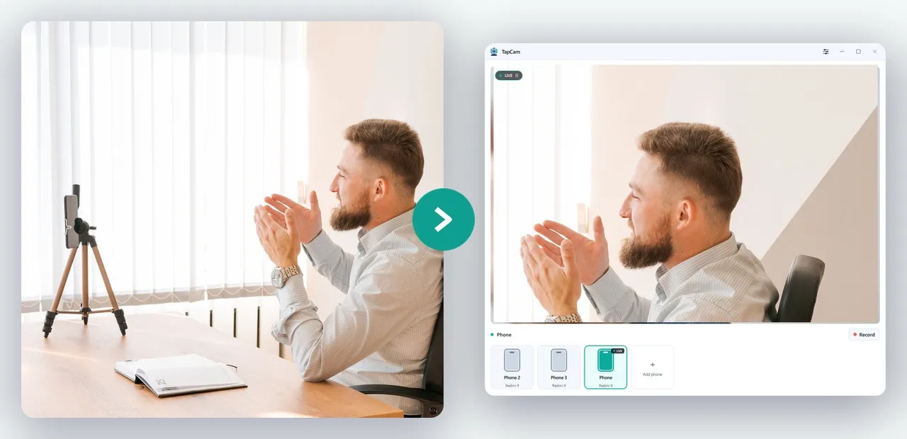 Un iPhone sur un petit trépied filmant un homme à son bureau, et le même homme en direct dans la fenêtre TapCam sur le PC