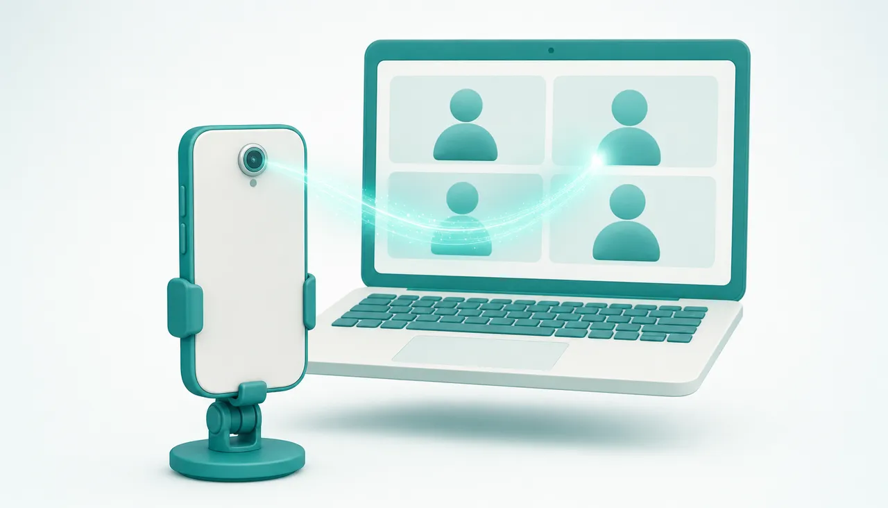 Un téléphone sur un support de bureau envoyant son flux caméra vers un portable qui affiche un appel vidéo
