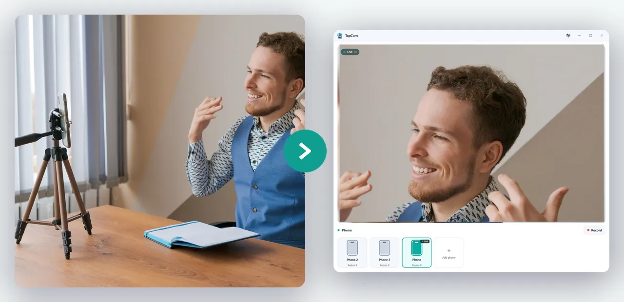 Le téléphone filme, TapCam reçoit, et toutes les applications vidéo du PC voient une webcam. La bande du bas est la liste des téléphones appairés : vous choisissez celui qui alimente la caméra. Un téléphone sur trépied filmant un homme à son bureau, et le même homme en direct dans la fenêtre TapCam sur le PC à côté de lui