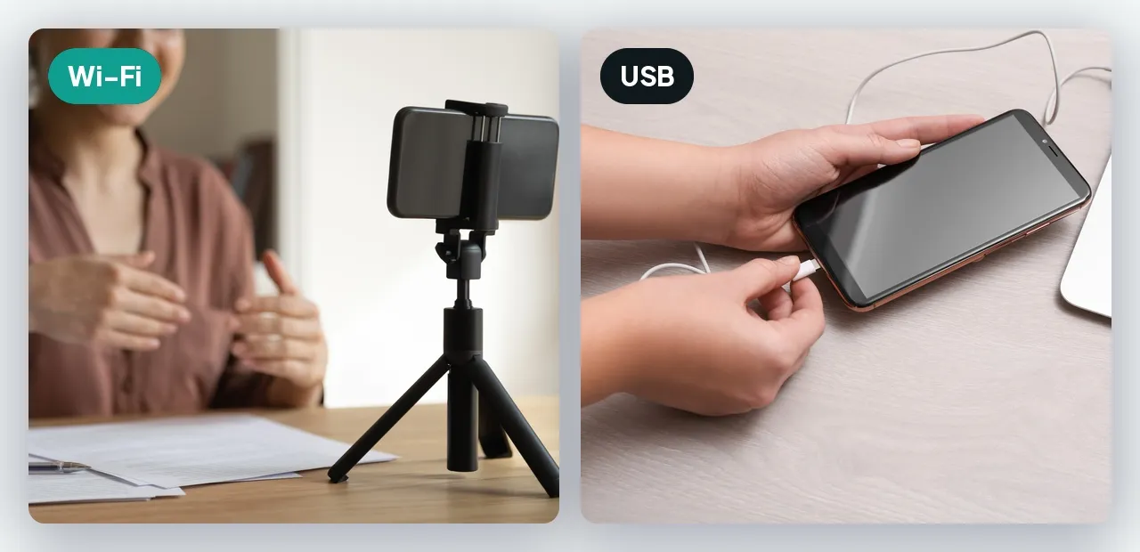 Le Wi-Fi laisse le téléphone se placer n'importe où dans la pièce. Le câble le garde près de l'ordinateur, et le recharge pendant qu'il travaille. Un téléphone sur trépied filmant quelqu'un à un bureau, à côté d'un téléphone relié à un portable par un câble USB